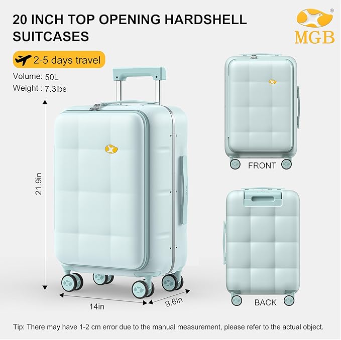 MGB 20 Inch Top Open Carry On Luggage 22x14x9 Airline Approved, Hard Shell Carry On Suitcase with Spinner Wheels, Travel Small Luggage Built-in TSA Lock for Women Men Gifts (Aquamarine)