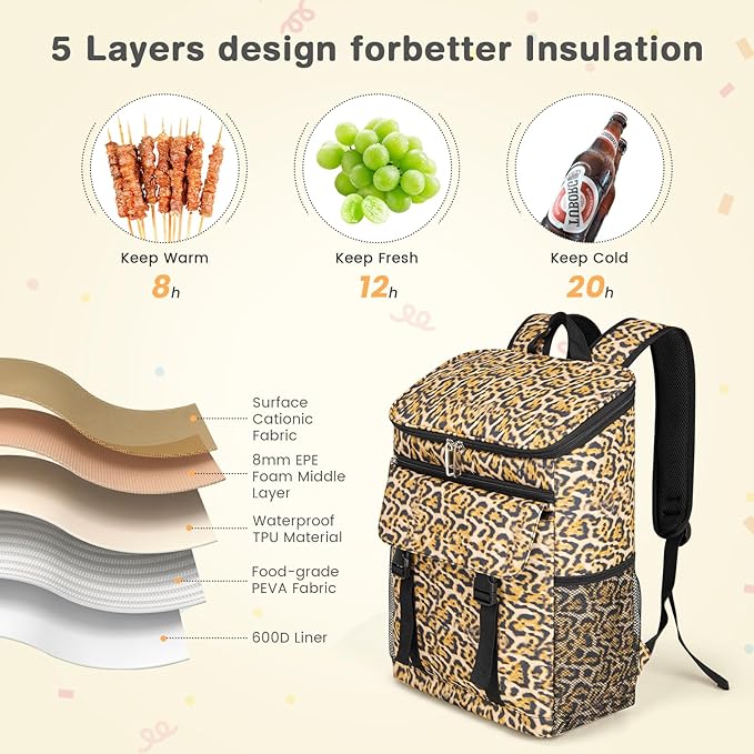 Cooler Backpack Soft Insulated Leak Proof 30 Cans Insulated Backpack Cooler Portable Picnic Camping Beach Hiking BBQ Lunch Backpack for Men and Women -Leopard Print