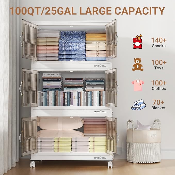 BROVIEW 300Qt Stackable Storage Bins with Lid, Extra Large Closet Organizer Collapsible Drawer Boxes with Wheels, Folding Plastic Cabinet Containers for Home Kitchen Room Organization, 3Pack White