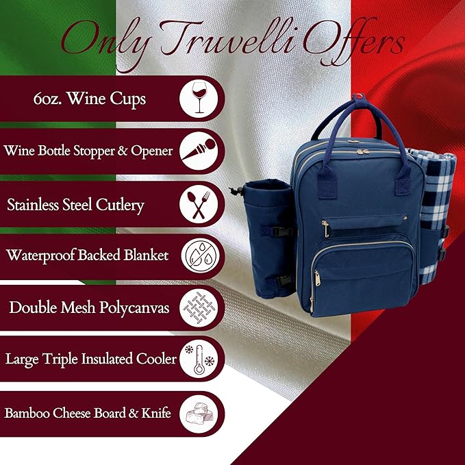 Truvelli Picnic Backpack for 4 with Blanket – 12-in-1 Insulated Picnic Basket Backpack Set with‬ Wine Holder, Cheese Board & Cutlery – Premium Picnic Back Pack for Family & Group‬ Adventures, Blue