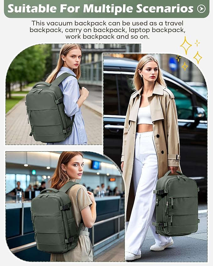 Vacuum Backpack Travel Laptop Backpacks For Women Men Carry On Backpack With Vacuum Compression Bags Seal Packing Personal Item Travel Bag Vacpack Backpacks With Pump Olive Green