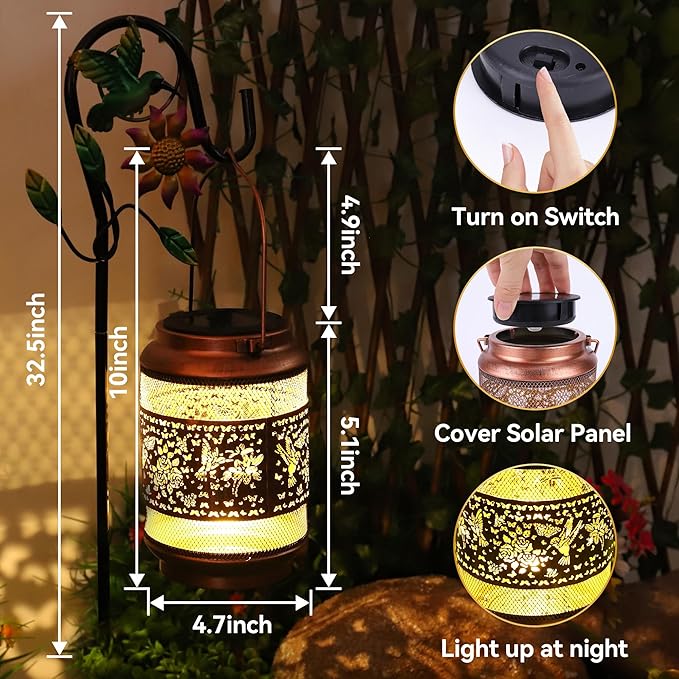 Hummingbird Solar Lanterns Outdoor Waterproof with Shepherd Hook, Hummingbird Metal Lights for Women Mom Grandma, Garden Decor Solar Hanging Lantern Gift for Yard, Patio, Lawn, Pathway, Garden Decor