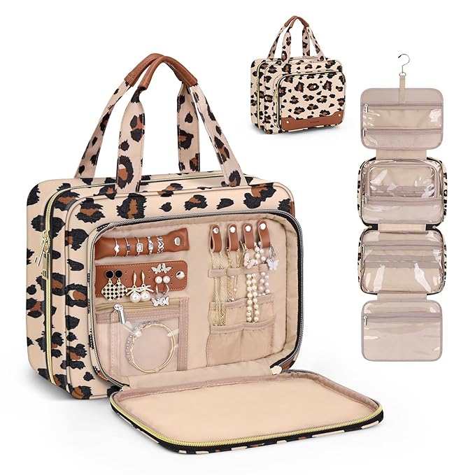 Wedama Toiletry Bag for Women, Hanging Travel Toiletry Bag with Jewelry Organizer Compartment Large Makeup Bag, PVC Waterproof Cosmetic Travel Bag Trips Camping Bathroom, Leopard Print