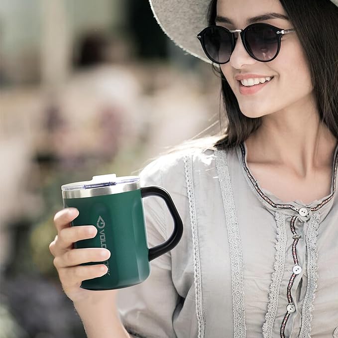 16 Oz Coffee Mug with Handle and Lid, BPA Free Coffee Cup, Keep Cold 6 Hours and Keep Warm 5 Hours, Great Tea Mug for Home Offie and Outdoor Use (Deep Green)