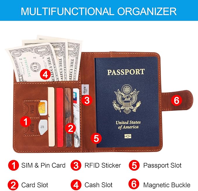 Passport Holders, RFID Blocking Credit Card Holder, PU Leather Passport Holders for Travel with Magnetic Buckle, Travel Must Haves Cruise Ship Essentials for Men, Women (Brown)