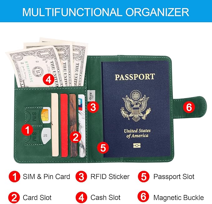 Passport Holders, RFID Blocking Credit Card Holder, PU Leather Passport Holders for Travel with Magnetic Buckle, Travel Must Haves Cruise Ship Essentials for Men, Women (Green)