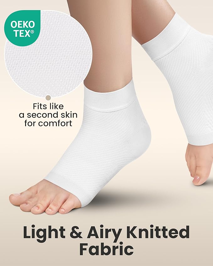 KEMFORD Ankle Compression Sleeve - Plantar Fasciitis Braces - Open Toe Compression Socks for Swelling, Sprain, Neuropathy, Foot Arch Support for Men and Women - 20-30mmhg, L, White