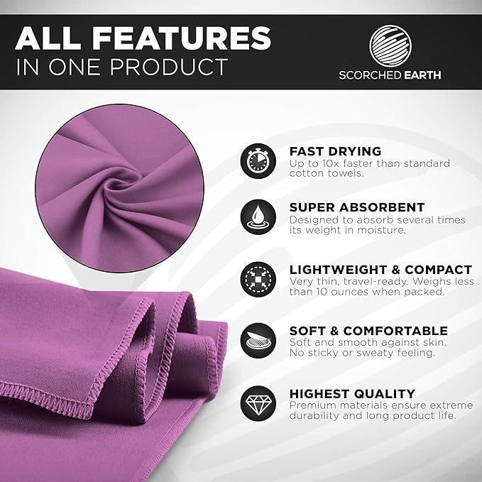 ScorchedEarth Microfiber Travel & Sports Towel Set (Ultra Violet) - XL Set (39x70.5 & 12x24)