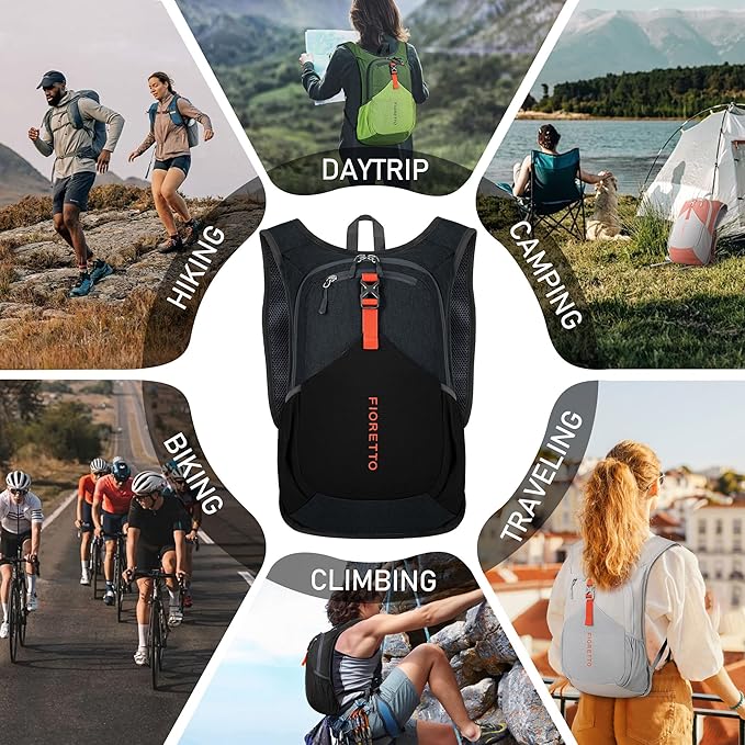 FIORETTO 15L Hiking Backpack for Women Men Mini Packable Backpack Lightweight Small Daypack for Camping Travel Outdoor, Black