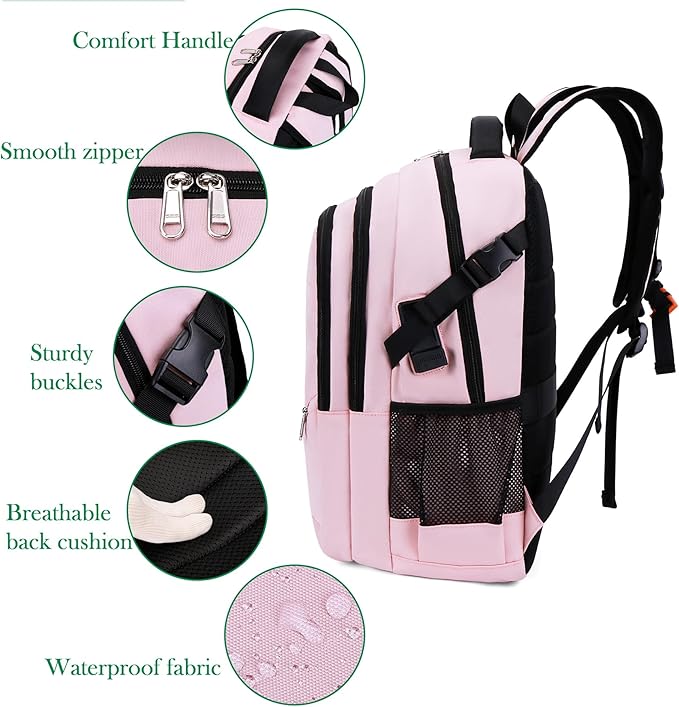 FENGDONG Large Laptop Backpack 17.3 inch Waterproof Travel College Backpack Bookbag,Crossbody Sling Bags for Men & Women Business Backpack Light Pink