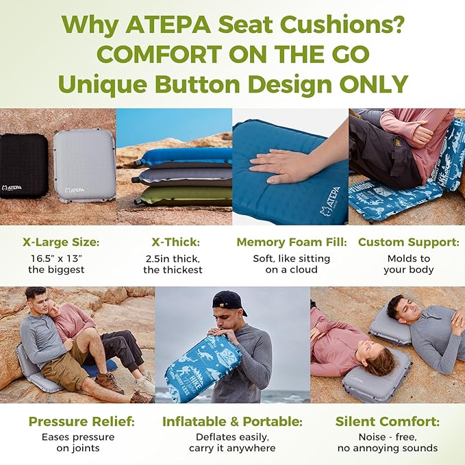 ATEPA Inflatable Stadium Seat Cushion, Self-Inflating Memory Foam Stadium Seats Bleacher Seat Chair Cushion Pad for Airplane Travel Backpacking Sports Events