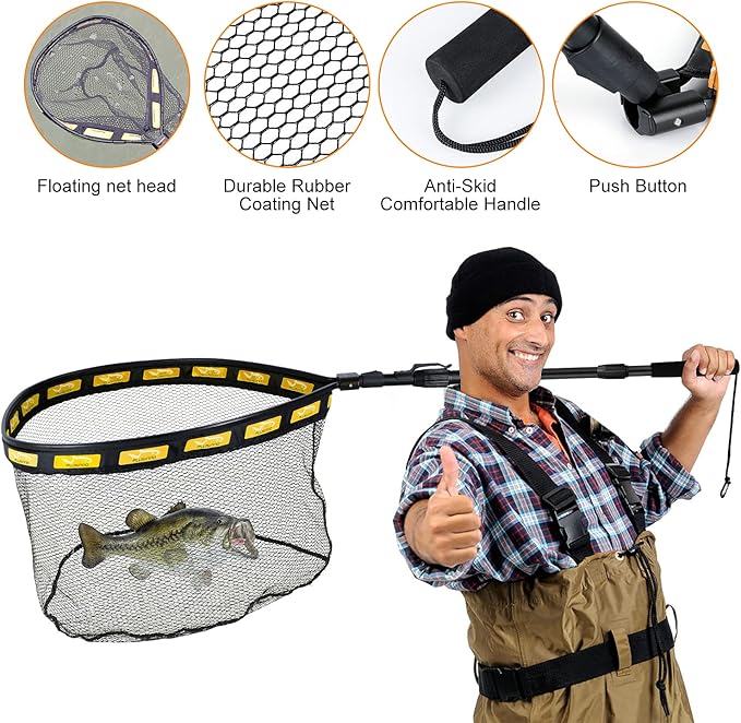 PLUSINNO Floating Fishing Net for Steelhead, Salmon, Fly, Kayak, Bass, Trout Fishing, Catfish, Rubber Coated Landing Net for Easy Catch & Release for Easy Transportation & Storage