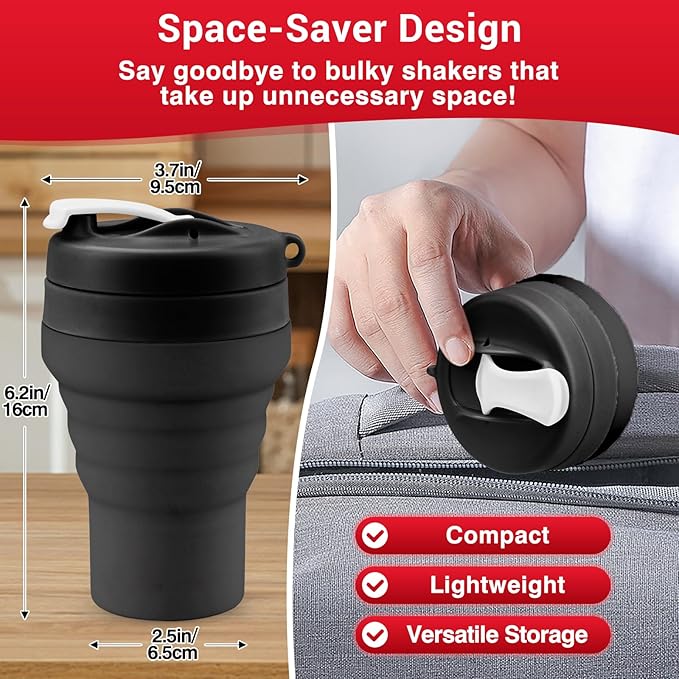 Collapsible Protein Shaker & Water Bottle Food-Grade, Leakproof Lid 600mL/20oz Shaker Cup - Reusable Silicone Shaker Cups for Protein Shakes with Mixing Ball for Gym-goers & Travelers