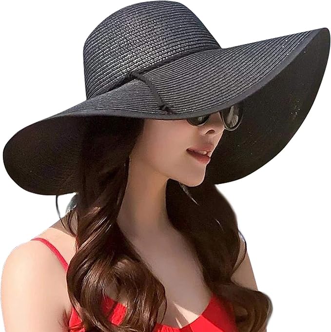 DRESHOW Beach Hats for Women Big Straw Wide Brim Summer Hat Floppy Foldable Roll up Cap Sun Hat UPF 50+