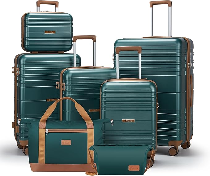 Luggage Sets with spinner wheels, PC+ABS Hard Shell Travel Luggage,Lightweight Carry-on suitcases with TSA Lock,YKK Zippers (Gark Green, 7 piece sets（14/18/20/24/28/DB/TB）)