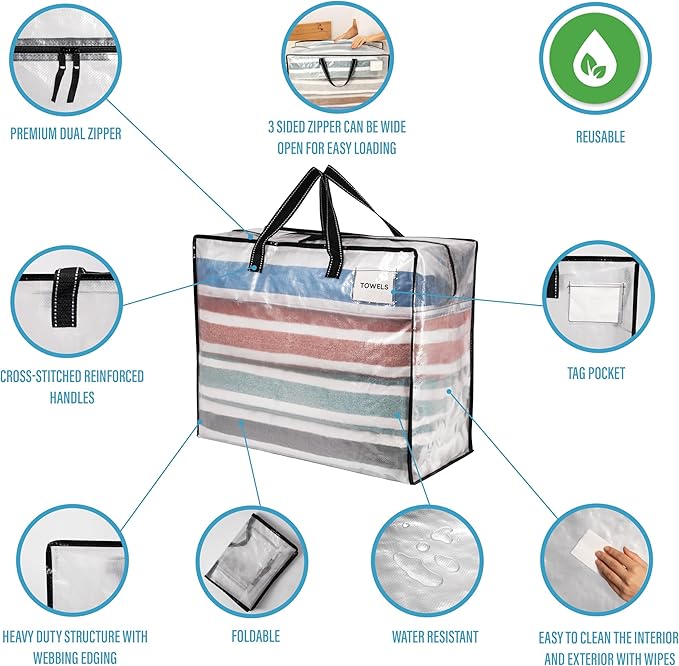 VENO 6 Pack Heavy Duty Moving Bags, Storage Bags, Packing Supplies, Top Zipper, Storage Totes for Camping, Clothes, Bedding, Comforters, Pillows (22 Gallon Clear, 6 Pack)