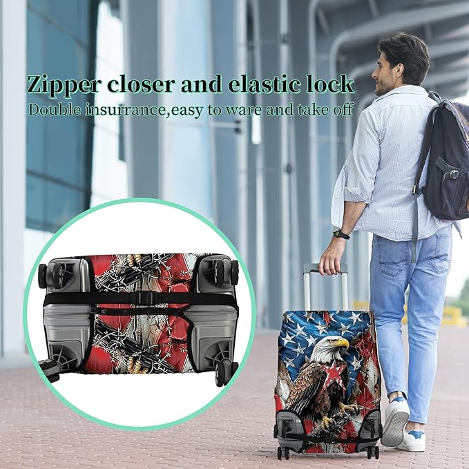 Luggage Cover + Tag, Eagle American Flag Travel Suitcase Protector for 22-24 inch Luggage (M) with Concealed Zipper, Washable Elastic Cloth, Dustproof, Anti-Scratch