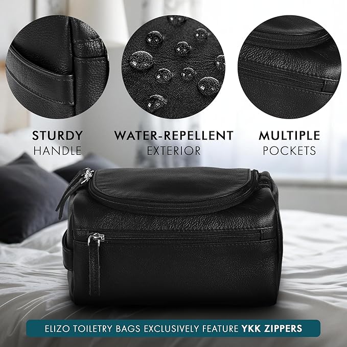 ELIZO Premium REAL Leather Toiletry Bag for Men Dopp Kitt Hanging Mens Toiletry Large TSA Toiletries Bag Shaving Grooming Bag Organizer Black