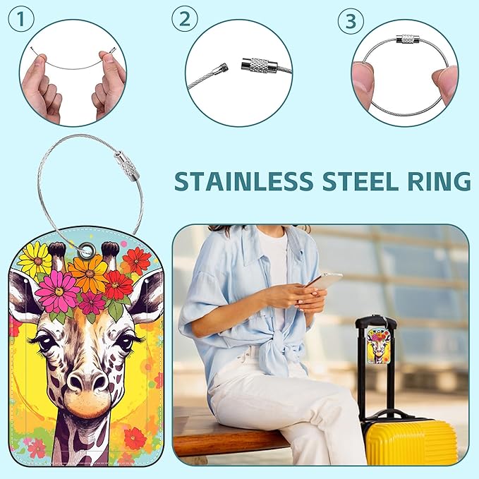 Funny Giraffe Luggage Tag for Suitcase Set of 2 PU Leather Cute Luggage Tags with Stainless Metal Loop ID Label Privacy Flap Suitcase Tags for Women and Men Travel