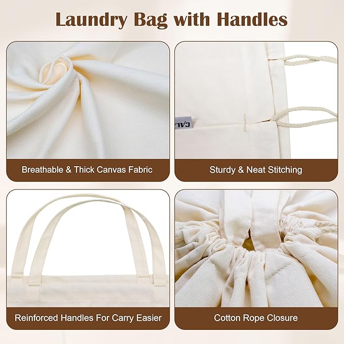 Canvas Laundry Bag with Handles & Drawstring 23.6"x35", Dirty Clothes Travel Bag, Heavy Duty Washable Cotton Laundry Sack for Travel, Camp, College (2 Pack)