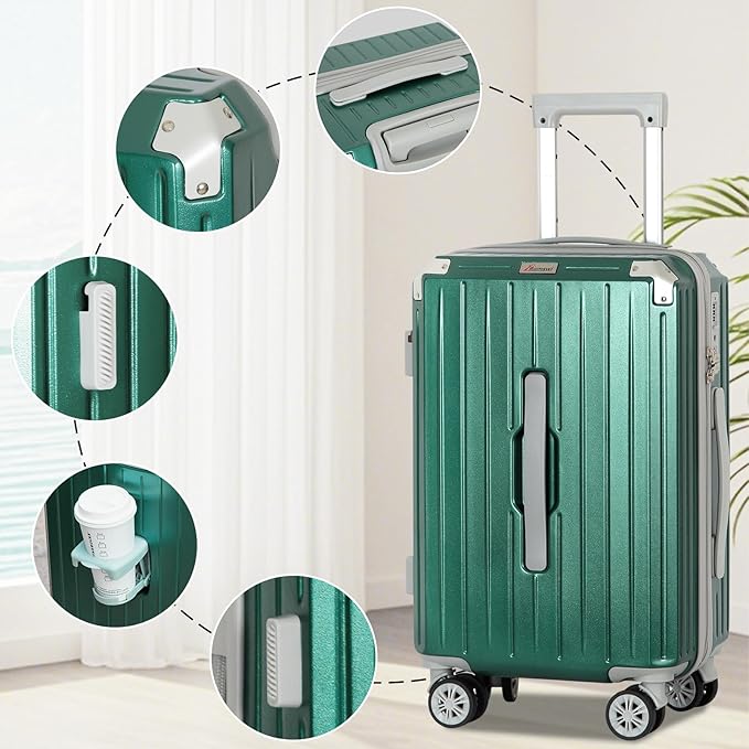 Romswi 3-Piece Carry-On Luggage Set with Cup Holder TSA Lock, 20" Hardside Spinner Suitcase with Duffel Bag, Lightweight Durable PC+ABS Sage Green Travel Luggage