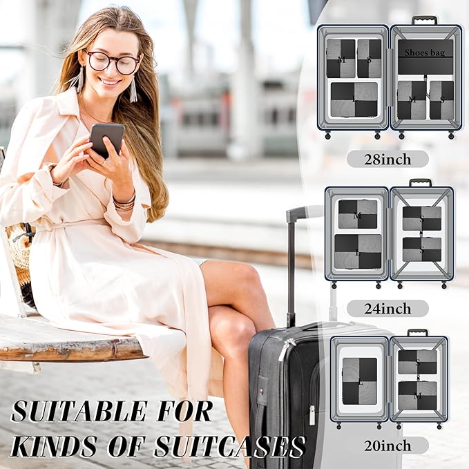 8 Set Compression Packing Cubes Travel, Lightweight Expandable Travel Cubes Suitcase Organizer for Carry On Luggage Suitcase, Black