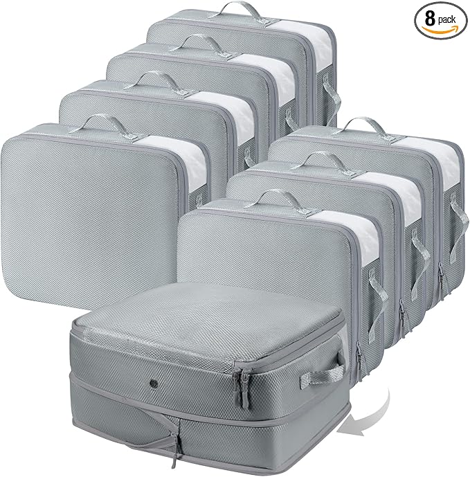 DIMJ Compression Storage Bags 8 Pack, 19L Clothes Storage Organizer for Blanket, Sweater, Closet, Sheet Storage Organizer Compression Packing Cubes for Sheet Bedding Toys Storage with Zipper(Gray)