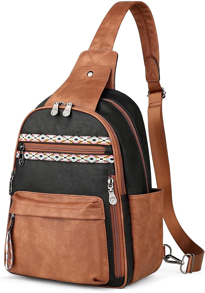FADEON Large Sling Bag for Women, Leather Crossbody Purse Designer Anti Theft Sling Backpack, RFID Fanny Packs for Travel