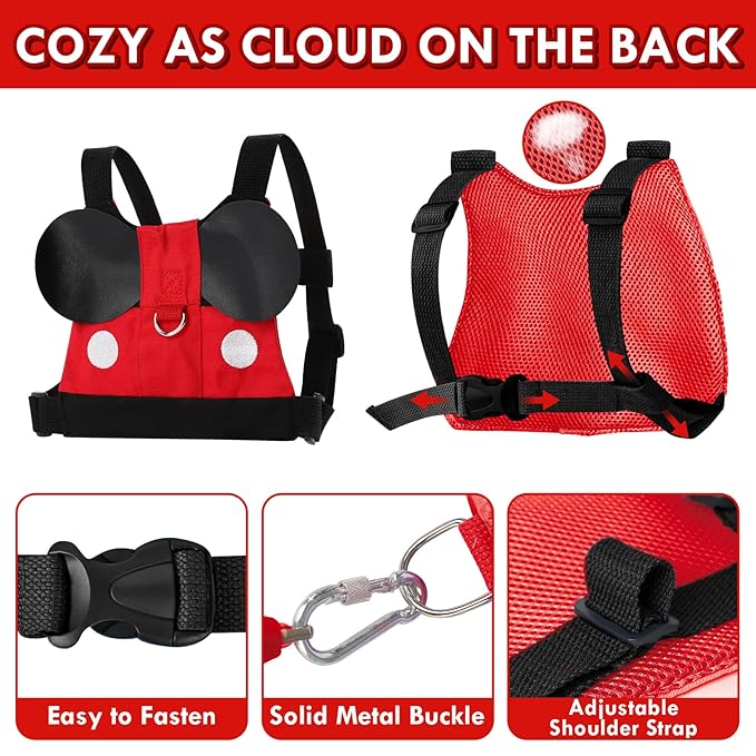 Lehoo Castle Toddler Leash for 1-5 Years, Baby Safety Harness for Boys with Anti-Lost Key Lock & Adjustable Strap, 3-in-1 Wrist Leash and Kids Backpack Harness for Walking Travel (Mickey Mouse)