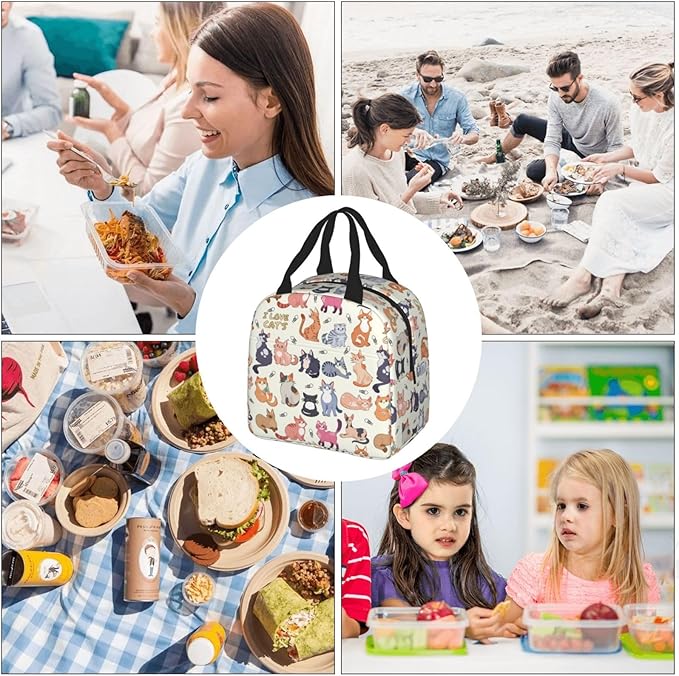 Cute Cat Lunch Box Kitten Lunch Bag Insulated Reusable Lunch Tote Bag Cooler Tote Bag for Men Women