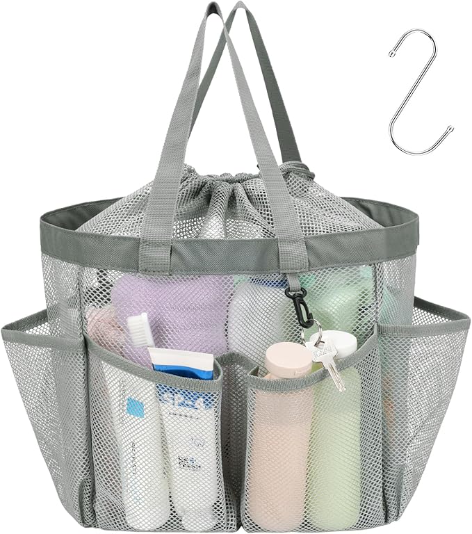 F-color Mesh Shower Caddy Portable with Drawstring - Upgrade Deeper 7 Pockets Dorm Room Essentials for Guys Girls with S Hook, Shower Bag Basket Tote for College Camping Toiletry Bathroom, Grey