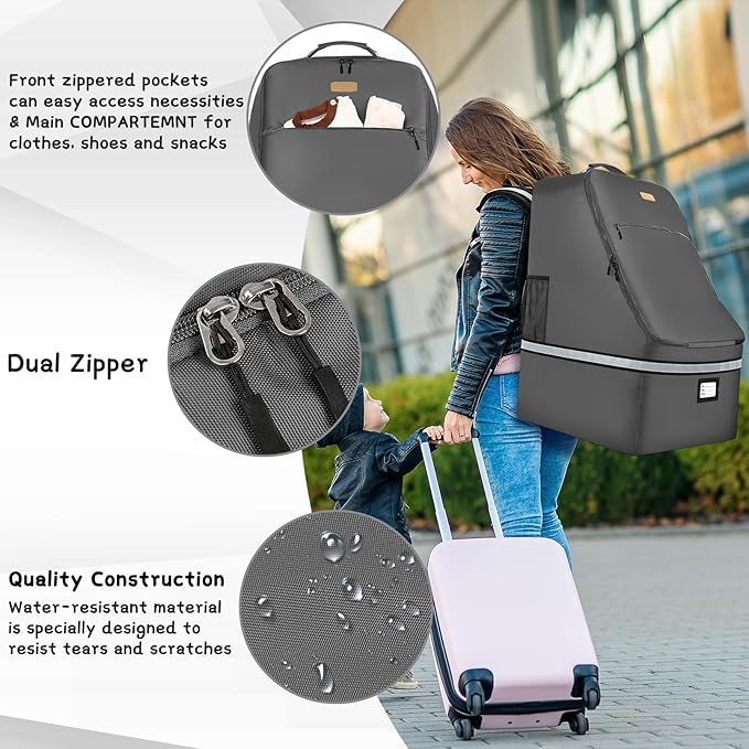 Car Seat Travel Bag - Padded Car Seat Carrier with Steel Cable Handle and Reflective Stripes, Large Durable Airport Gate Check Bag with Shoulder Strap