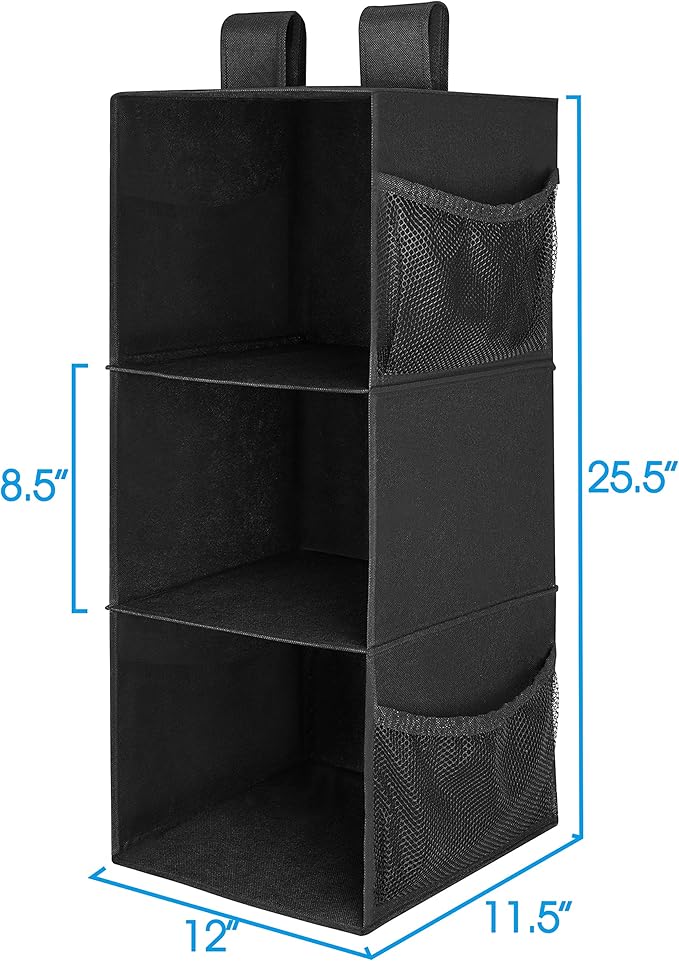 MAX Houser 3-Shelf Hanging Closet Organizers, Collapsible Closet Hanging Shelves for Camper, Nursery Hanging Organizers, Black, 2-Pack