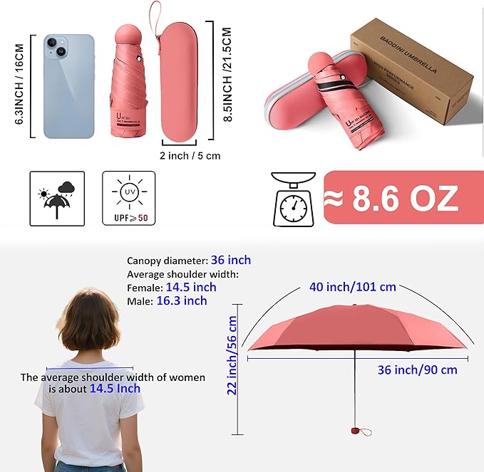 BAODINI Travel Mini Umbrella for Purse With Case Small Compact UV Sun Protection Sun Lightweight Tiny Pocket Umbrella for Women Kids and Men