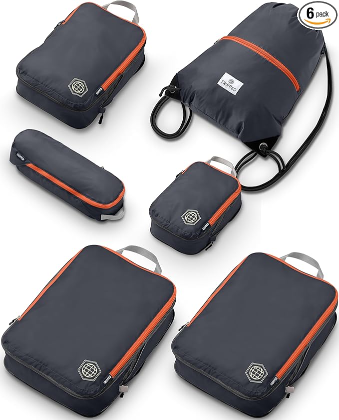 Large Compression Packing Cubes 6 Piece Set for Travel with Lightweight Laundry Bag/Drawstring Backpack for Carry-On Suitcase (Grey/Orange)