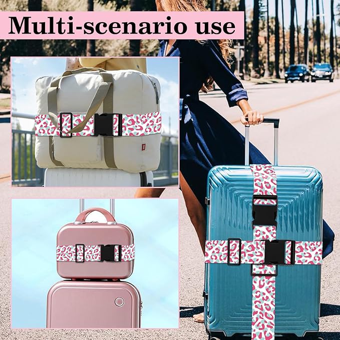 Pink Leopard Luggage Straps for Suitcases TSA Approved, Luggage Identifiers for Suitcase, Adjustable Suitcase Strap for Baggage Security with Cute Patten, Travel Necessary Accessories