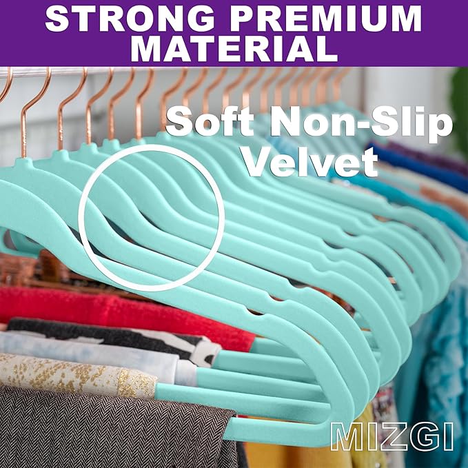 MIZGI Premium Velvet Hangers - Heavy Duty Non Slip Felt Hangers (50 Pack) - Aqua Blue & Rose Gold Hooks, Space Saving & Durable for Suits & Coats