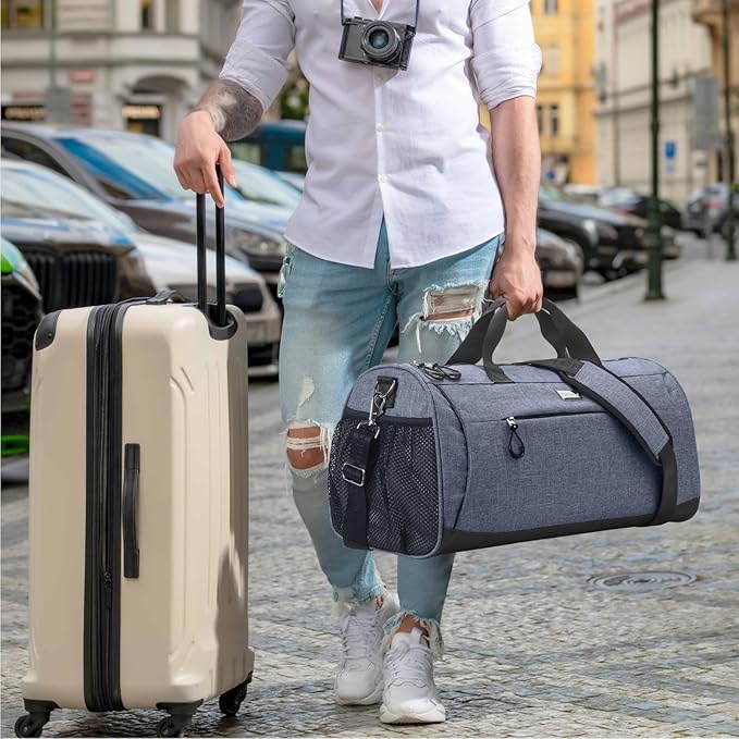 TOPDesign Gym Bag for Women & Men, Unisex Duffel Bag with Shoe Compartment & Wet Pocket for Travel Sports Gym (M Textured Blue)