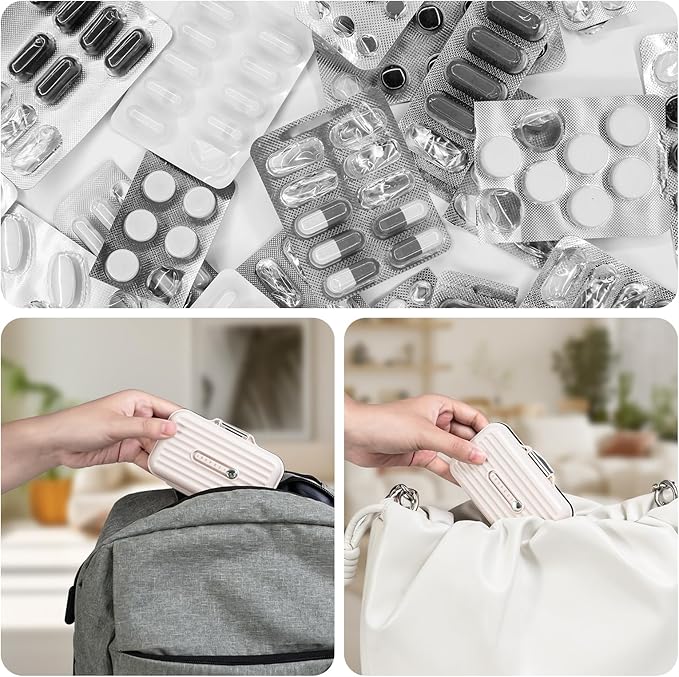 Travel Pill Organizer Box with Labels, 7 Compartments Portable Mini Pill Case, Daily Medication Organizer Storage Pill Container for Pocket Pharmacy(Pearly White, S)