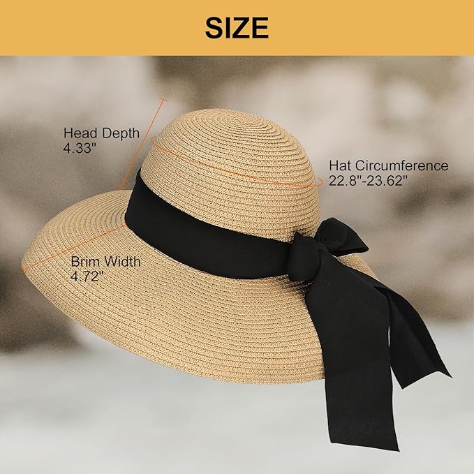 Surblue Straw Summer Hat Women's Floppy Sun Hat Wide Brim Beach Bow Hat