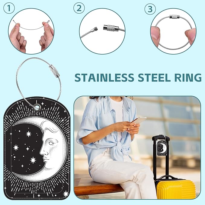 2 Pack Cute Luggage Tag for Suitcases Crescent Moon Leather Luggage Tags with Stainless Steel Loop Privacy Flap Name Tags,Men and Women Travel Bag Suitcase Tags