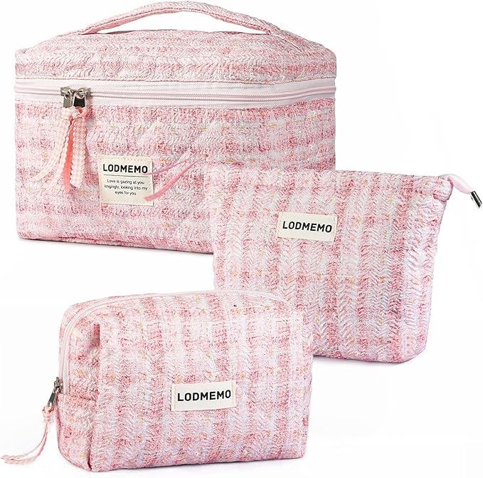 Makeup Bag 3 PCS Quilted Cosmetic Bags for Women, Large Travel Make up Bag Set Cute Cotton Toiletry Bag Organizer Pouch for Purse, Pink