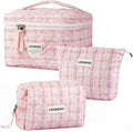 Makeup Bag 3 PCS Quilted Cosmetic Bags for Women, Large Travel Make up Bag Set Cute Cotton Toiletry Bag Organizer Pouch for Purse, Pink