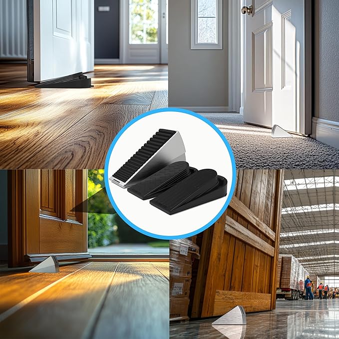 Door Stoppers for Bottom of Door Heavy Duty Adjustable Spring Loaded Rubber Wedge 0.2-3" Stackable Set–1 Large + 2 Small, Non-Slip Base, Security Door Stopper for Interior/Exterior/Home/Office