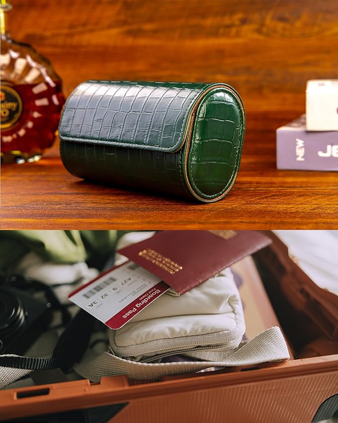 MR.OKAY 3 Watch Travel Case-Classic Leather Watch Case With Superb Texture. (Portable Watch Roll Or Organizer For Storage And Display).Festival Gift For Men, All Handcrafted By Artisans.