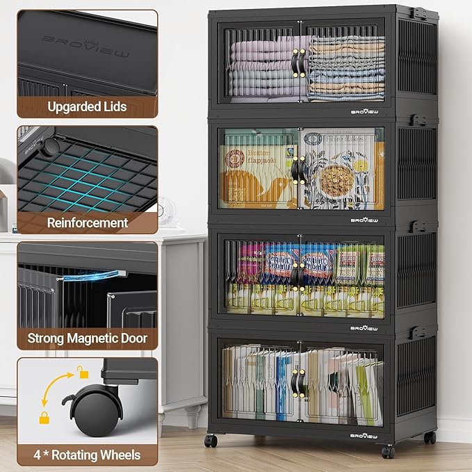 BROVIEW 600Qt Stackable Storage Bins with 5 Lids, Extra Large Closet Organizer Collapsible Drawer Boxes with Wheels, Folding Plastic Cabinet Containers for Home Kitchen Room Organization, 5Pack Black