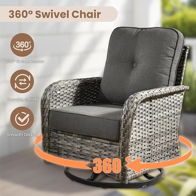 HOOOWOOO Patio Furniture Set,5 Pieces Outdoor Conversation Set,All Weather Wicker Loveseat Sofa Set with High Back Swivel Rocking Chairs Tables,Black