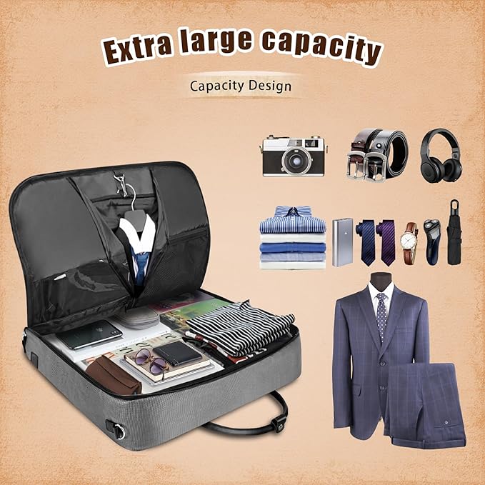 Garment Bag Travel Large Leather Carry On Suit Bag with Strap for Business Hanging Suitcase Luggage Bags for Men Women (Grey)