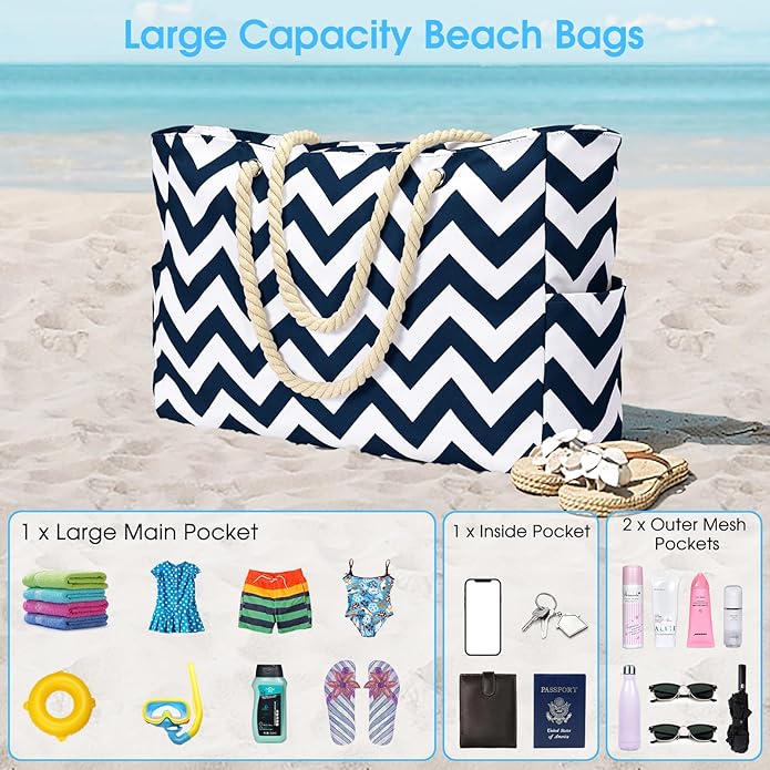 Becokan Beach Bag Large Beach Tote Bag for Women Waterproof Sandproof Swim Pool Bag With Zipper