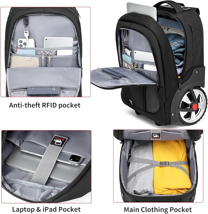 Rolling Backpack,Waterproof Backpack with Wheels for Business and Travel Commuter, Carry on Backpack with Laptop Compartment, Fit 15.6 Inch Laptop, Wheeled Backpack for Adults, 18Inch